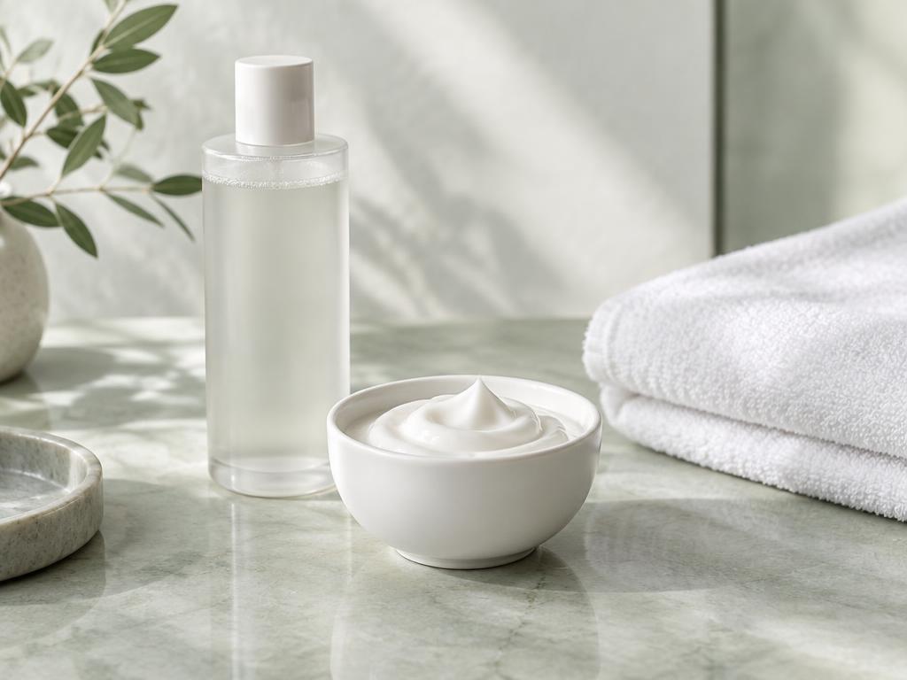 Gentle cleanser, moisturizer, and folded towels