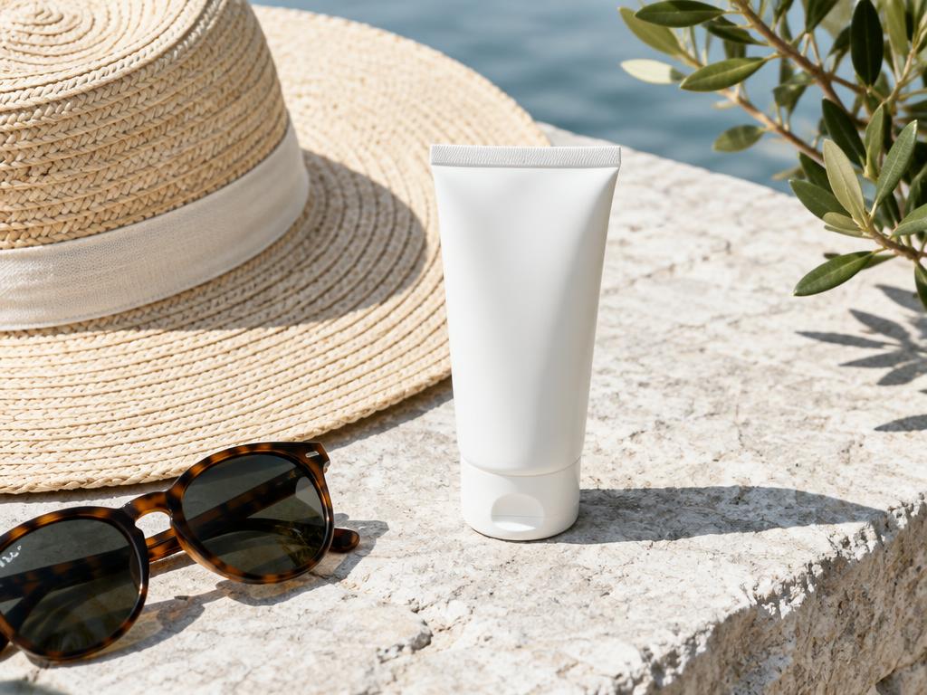Unbranded sunscreen tube, sun hat, and sunglasses in daylight